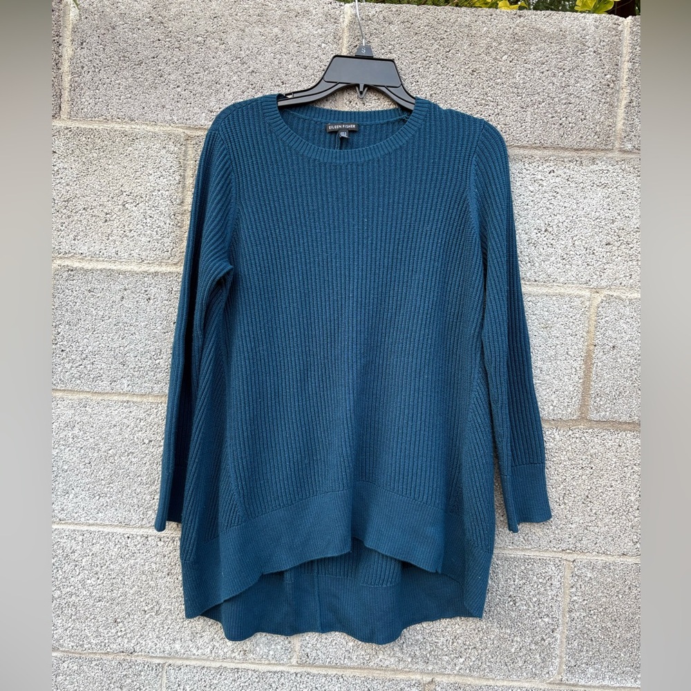 Eileen Fisher 100% Superfine Merino Wool Ribbed Sweater Blue M Hi-Low Round Neck